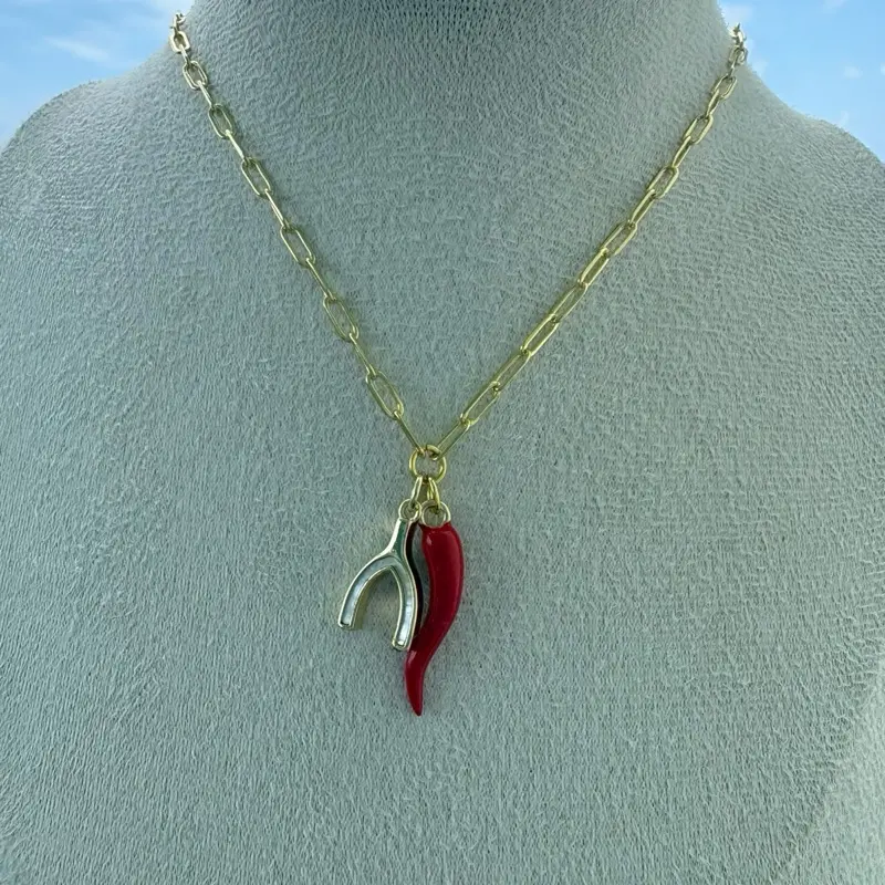 Collar de Buena Suerte con Cuerno Italiano y Wishbone Dorado