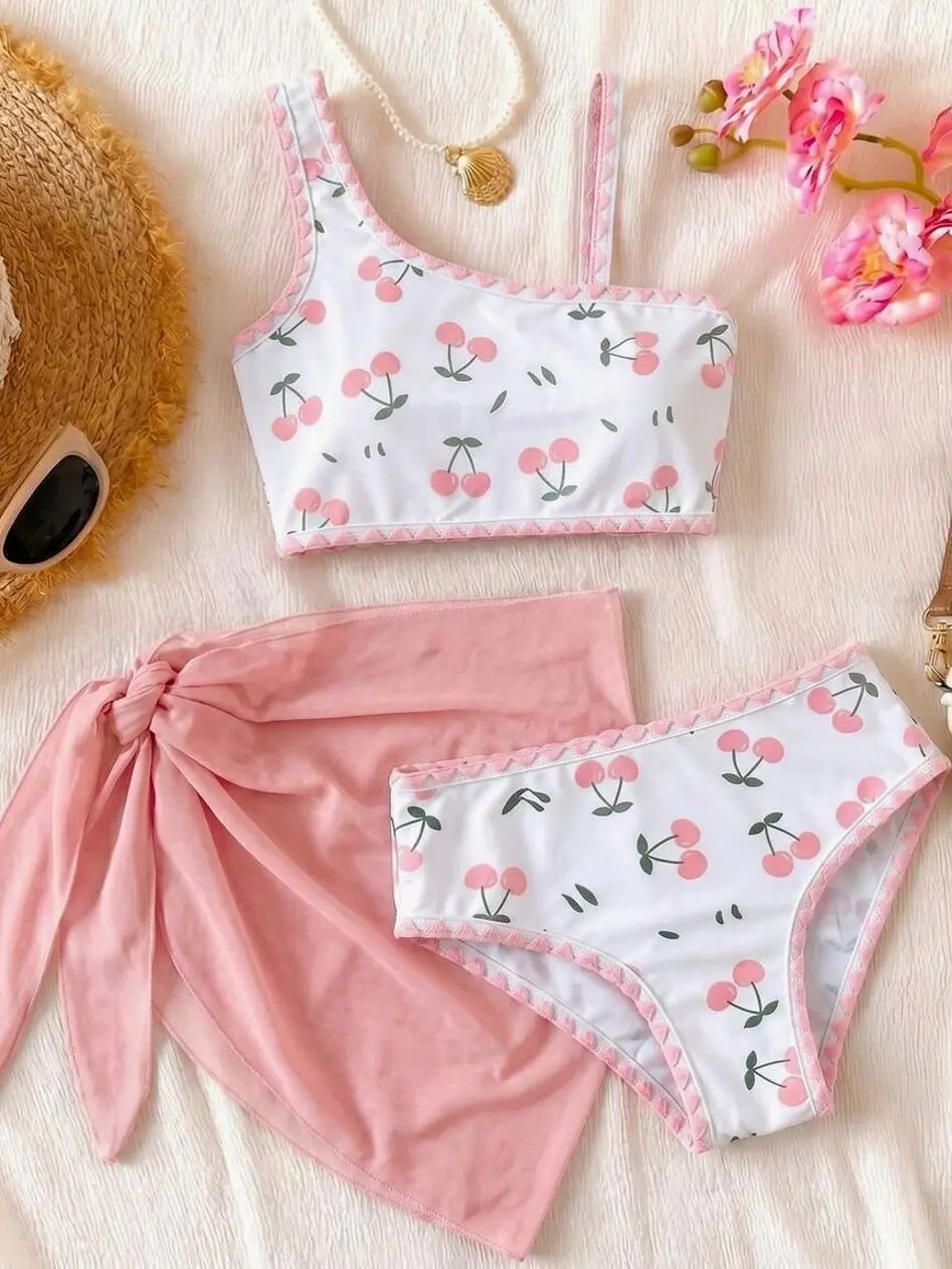 Tween Girls 3-Piece Cherry Print Bikini Set With Beach Skirt, Kids Summer Vacation Swimwear