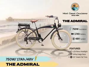 West Coast Cruizers Electric Beach Cruiser 26" 750W/1200W Peak/48V/ 17Ah - The Admiral - Matte Black