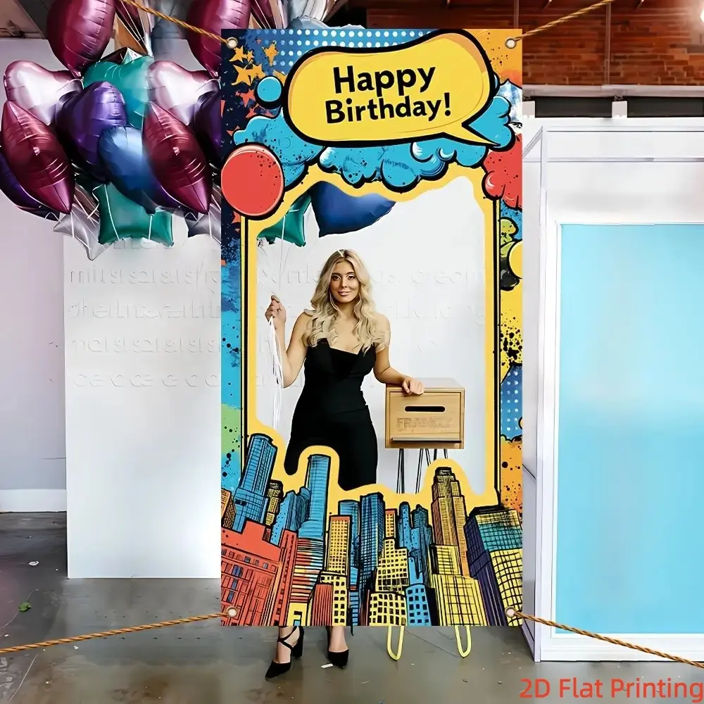 2D Flat 1 piece polyester American comic style superhero birthday hollow photo banner, bubble city silhouette design, suitable for indoor and outdoor use, suitable for superhero theme birthday parties, anime style birthday party decorations,