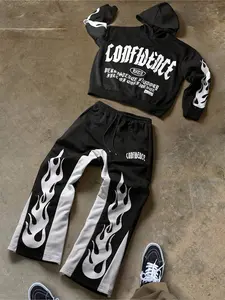 Confidence Flame Print Hoodie Set, Loose-Fitting Wide Leg Pants, Street Vintage Hip Hop Style, Fall & Winter Fashion