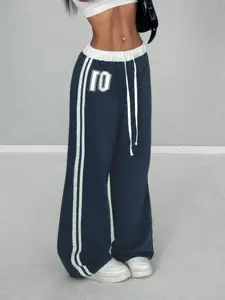 Women's Numeric Print Waistband Patchwork Loose Sweatpants, Sweatpants for Women, Casual Street Style Sports Bottoms