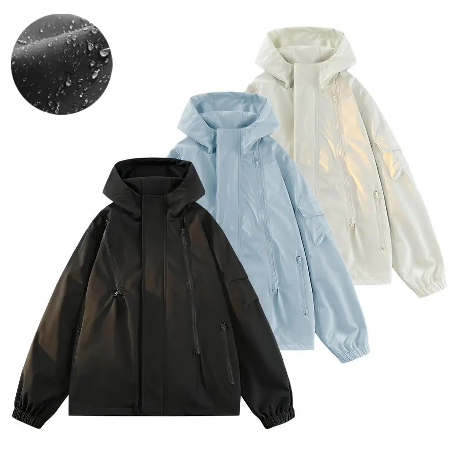 Men’s hooded windproof jacket, casual multi‑zip cargo outerwear for outdoor use, lightweight, wear‑resistant, waterproof, loose fit