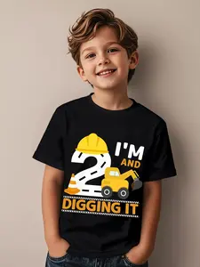 2nd Birthday Boys & Girls Construction Excavator T-Shirt - 2 Year Old Kids Short Sleeve Shirt with Excavator & Bulldozer Print, Birthday Party Outfit, Durable Casual Wear for Construction Theme Play & Daily Activities