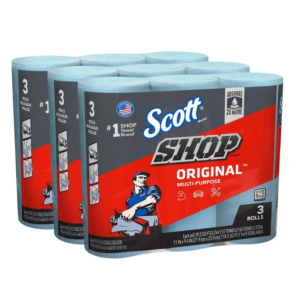 Scott Thick Blue Standard Roll Disposable Shop Towels (3-Pack, 9 Rolls Total, 55 Sheets) - Blue Absorbent Cloth for Automotive Repair Shops, Grease Cleanup, Protect Against Liquid Damage & Lead Exposure, Maintenance