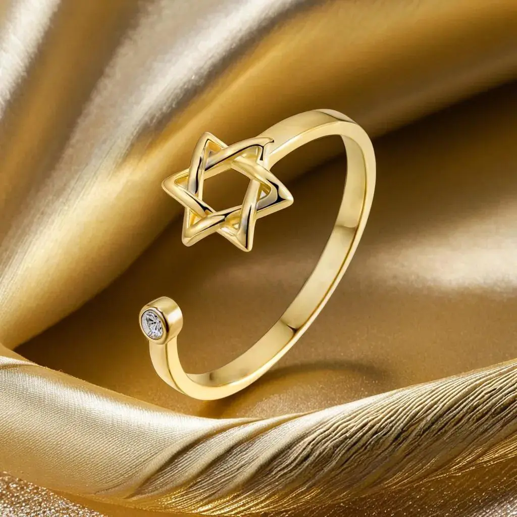 Hollow Hexagon Zircon Jewish Ring for Women Magen Star of David Adjustable Rings Promise Jewelry