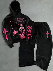 Versatile American Style Hoodie and Sweatpants Set with Pockets, Y2K Trend Unisex Casual, Loose Fit with Print and Stripes