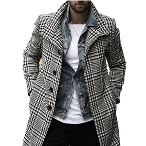 Men's Wool Blend Coat with Detachable Plaid Scarfs Notched Collar Single Breasted Pea Coat Trench Overcoat
