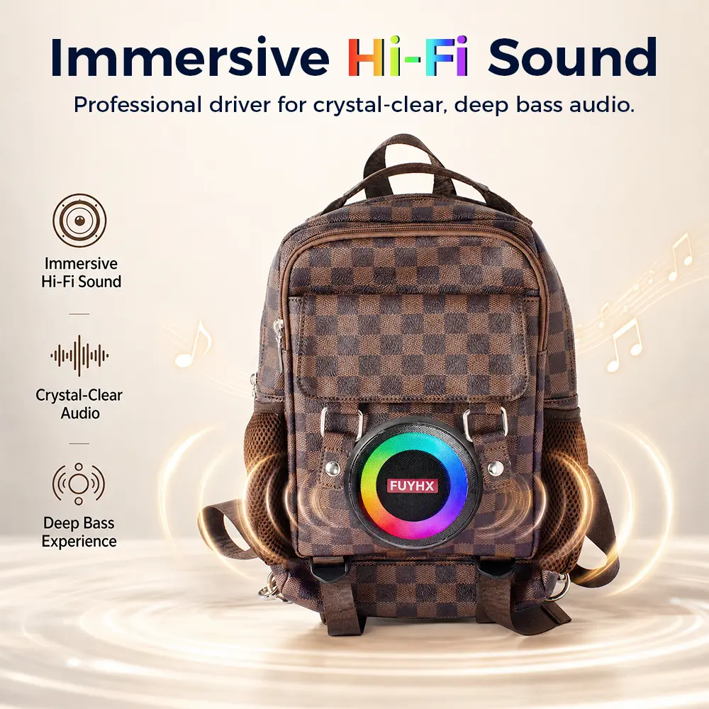 Wireless Speaker School Backpack, Classic Plaid Bookbag with RGB LED Light Ring, Portable Audio Music Travel Rucksack with Mesh Side Pockets for Outdoor Hiking Laptop