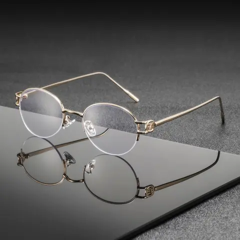 Men's Metal Oval Half Frame Classic Vintage Style, High-Quality Stainless Steel, Fashionable All-Season Eyewear, Fashionable Frames Glasses, Plain Pattern, Eyeglasses, Durable Metal Frame