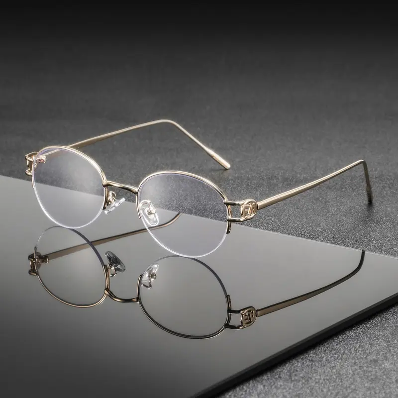 Men's Metal Oval Half Frame Classic Vintage Style, High-Quality Stainless Steel, Fashionable All-Season Eyewear, Fashionable Frames Glasses, Plain Pattern, Eyeglasses, Durable Metal Frame
