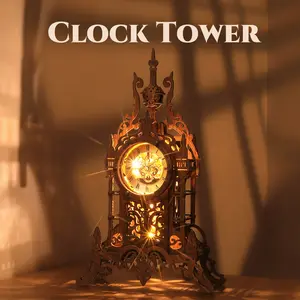 FUNPOLA LED 3D Wooden Puzzle Clock Tower - 3D Puzzle Building Model Kit for Adult to Build - Home Décor DIY 3D Puzzle Clock with Adjustable LED Light