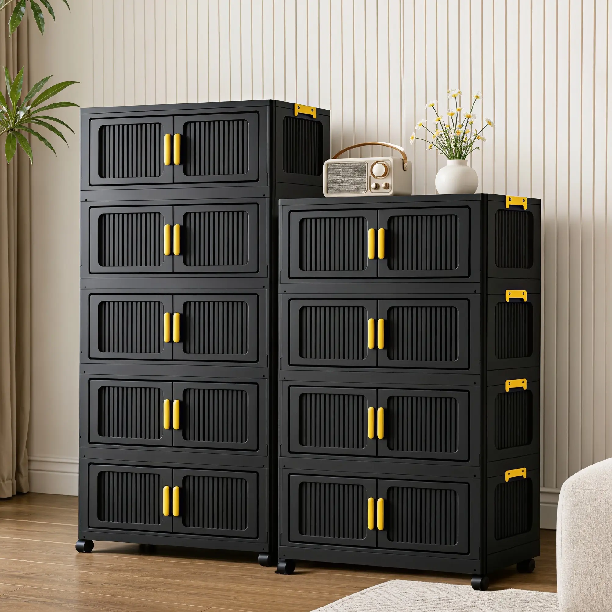 Large Capacity Stackable Storage Bins With Lids, Portable Foldable Storage Cabinet WithUniversal Wheels. Modular Plastic Organizer, Space-Saving Storage System For Bedroom,Kitchen, Living Room, Bathroom And Multi-scene Home Storage