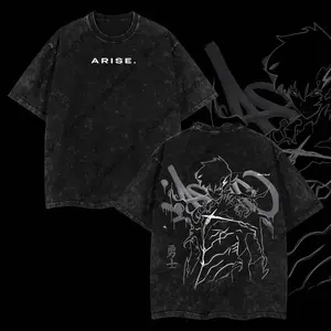 Arise Sung Jin Woo - Solo Leveling Anime Double Printed Oversize Lightweight Acid Washed Graphic Tee, Gift For Anime Fan
