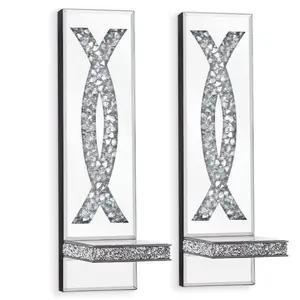 Crystal Crushed Diamond Mirrored Wall Sconces Set of 2 Silver Glass Sparkle Candle Holders for Home Decoration