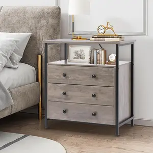 3 Wooden Drawers Nightstand,27 Inch Wide Night Stand Set with Charging Station Adjustable Drawers, Bedside Table for Living Room/Bedroom/Office, Grey.