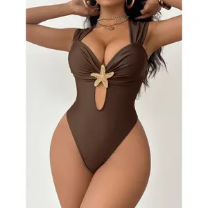 Conservative Women's Swimsuit with Metal Starfish Accessories, V-Neck Fashion European and American Vacation Style Sports Swimwear for Women