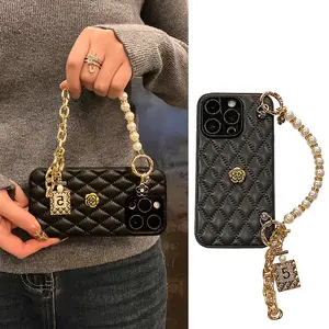 High Quality Luxurious Phone Case For iPhone 16 15 14 13 12 11 Pro Max 3D Camellia Cover With Chain For iPhone 16 Pro Max