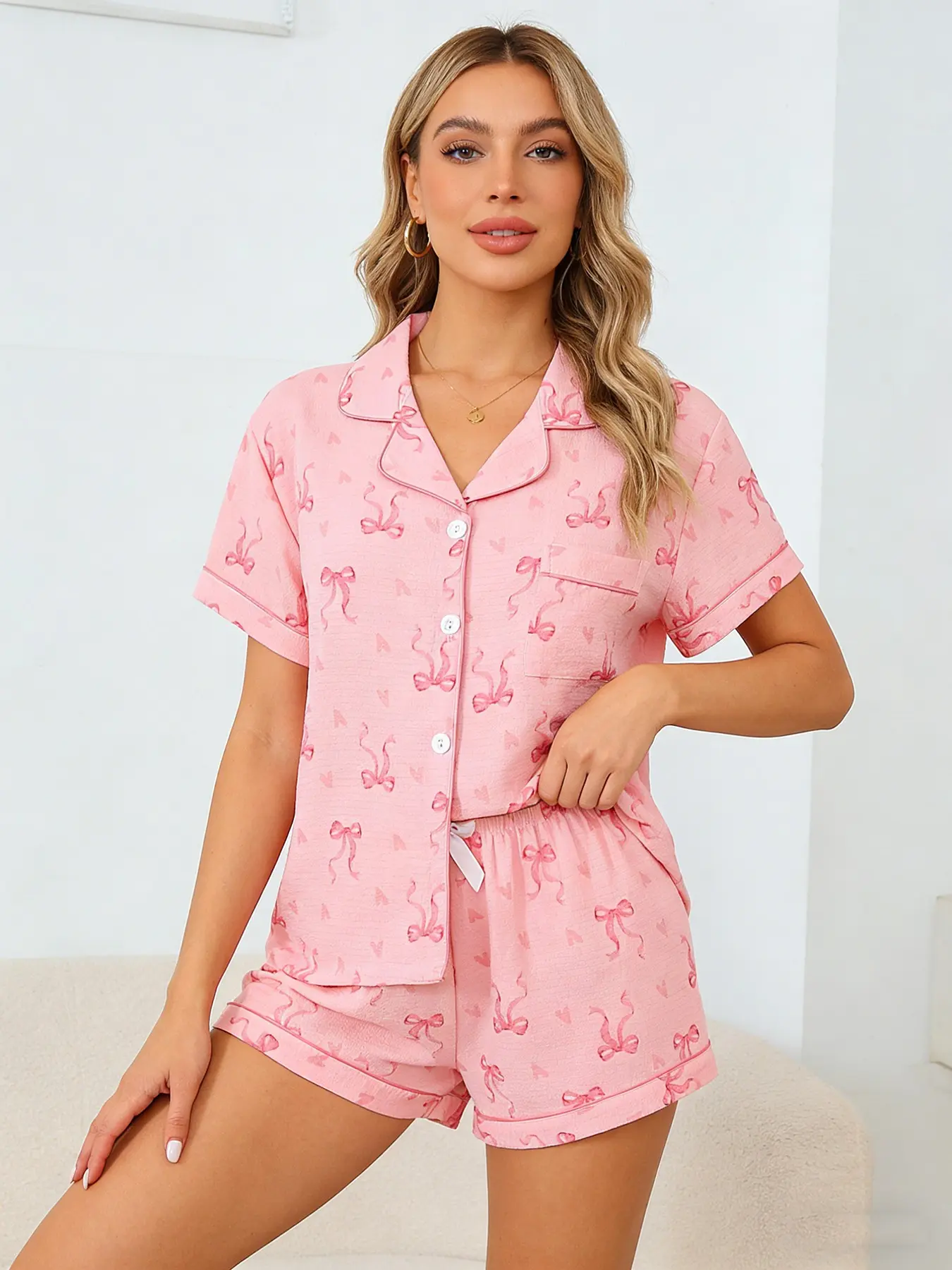 Cherry Blossom Pink Bow Pajama Set Women, Pyjamas, Nightwear Sleepwear, Button Down Short Sleeve, Spring Summer Homewear, Bow & Heart Print, Sweet Aesthetic Loungewear, Shorts Pajama Set, Loungewear Pajamas, Pjs