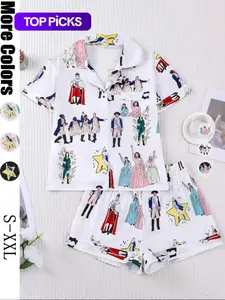 Hamilton Musical Themed Women's Pajama Set, Short Sleeve Shirt Collar Button Soft Top & Elastic Shorts, Casual Home Wear