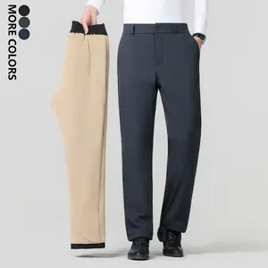 Men's Classic Business Casual Pants, Heavyweight Fleece Lined Thick Windproof Warm Straight Leg Pants, Outdoor Street Vintage Style Fashion Solid Color Trousers with Elastic Waistband, Suitable for Autumn Winter Daily Commuting and Hiking