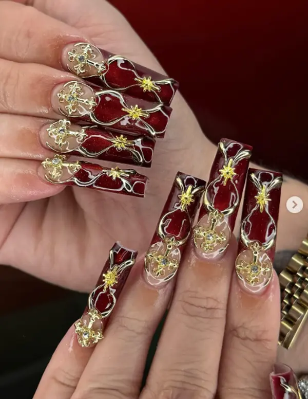 Burgundy Floral Press On Nails, Gold Outline Square Nails, 3D Flower Charms, Elegant Gothic Luxury Handmade Nail Set