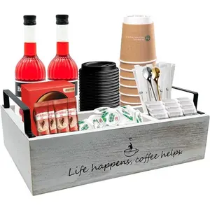 Coffee Station Organizer, Farmhouse Coffee Bar Accessories Organizer Basket for Countertop Office Coffee Station, Wooden Tray for Coffee Supplies and Essentials, Sugar, Syrup, Tea (Rustic White)