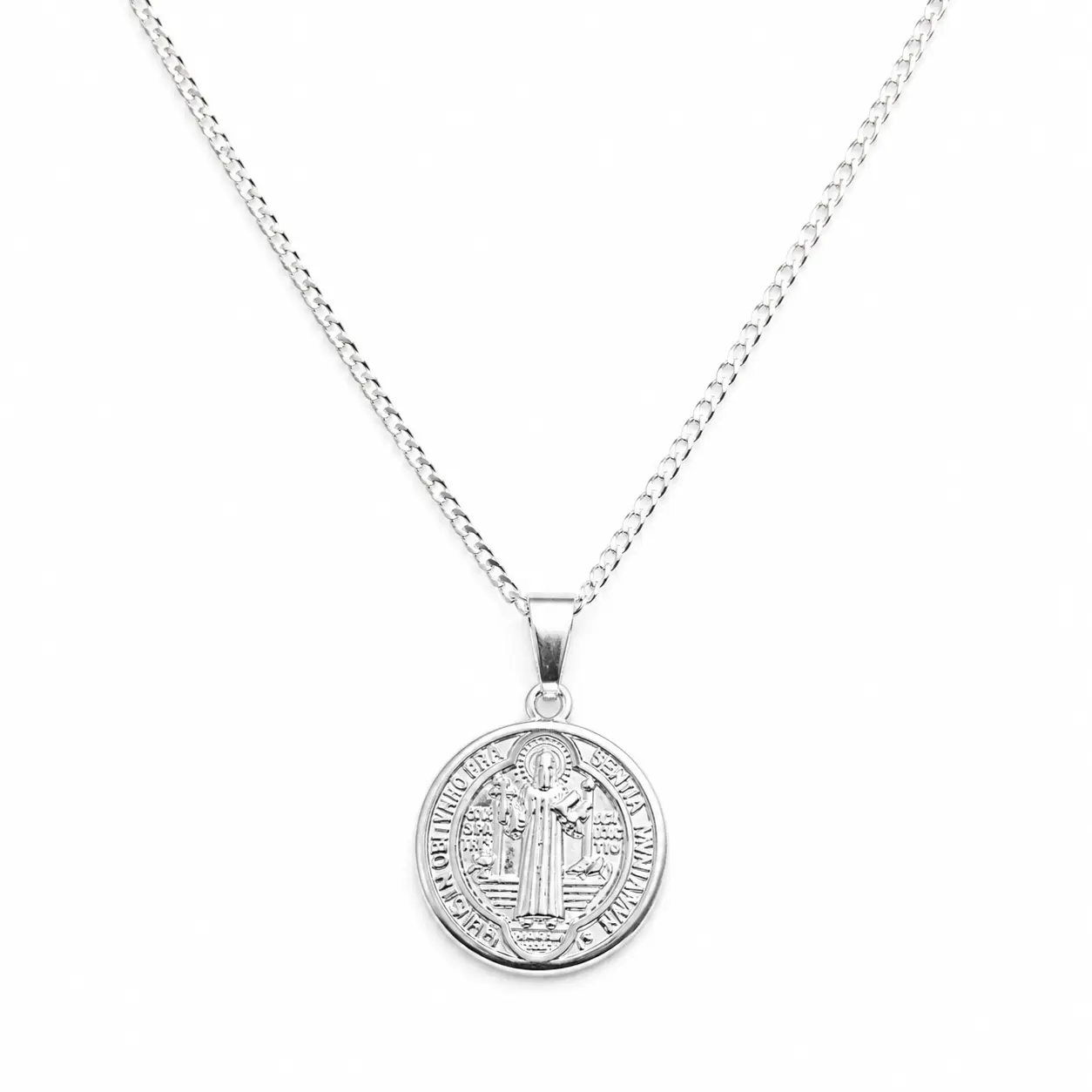 S925 Silver Saint Benedict Medal Pendant Faith Necklace Set - Unisex 2MM Cuban Link Chain (18 inches), Saint Symbol Everyday Wear Jewelry (1 set)