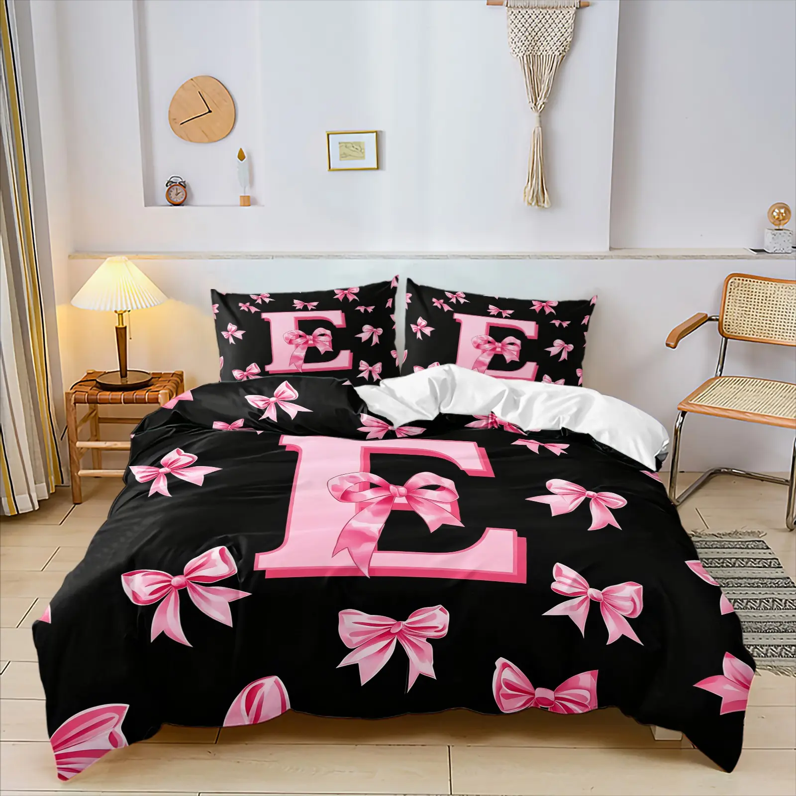 Letter E-N Sweet Cool Style Black Pink Bow Print Decorative Duvet Cover Set, Soft Comfortable Fabric, Y2K Design, Bedroom Decor, All Seasons, Printed Bedding Set, Bed Covers