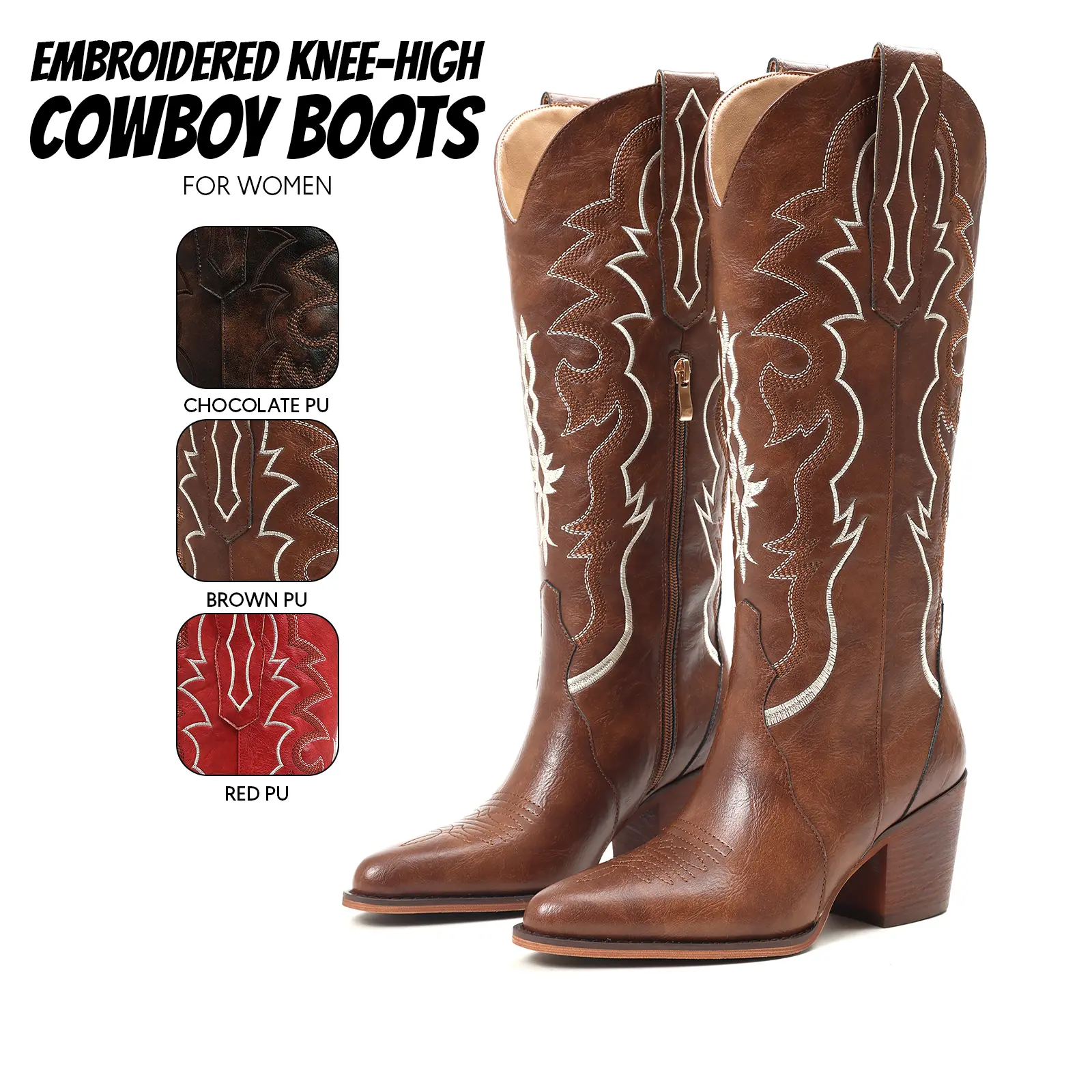 Western Cowboy Boots For Women Knee High Boot Embroidered Pointed Toe Chunky Block Heel Side Zipper Comfy Wide Calf Easy Pull on Retro Classic Party Festival Wedding Summer Long Tall Dressy Fashion Western Cowgirl Boots