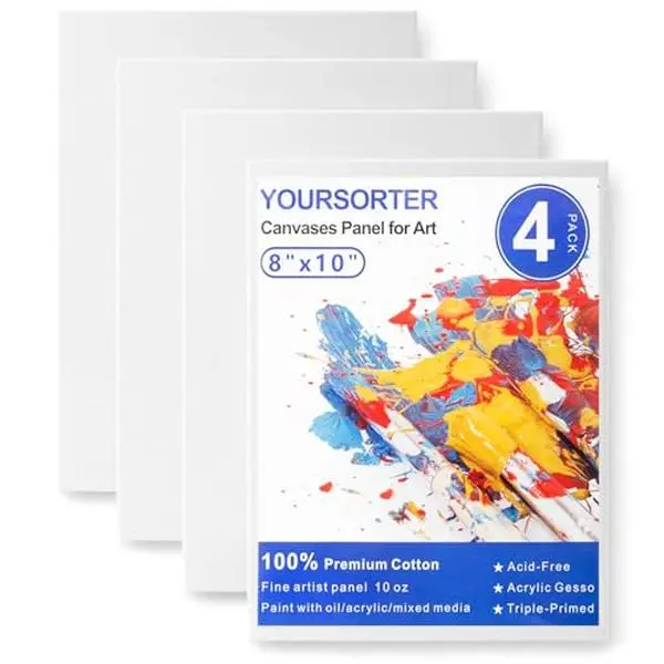 Canvas Boards 4 Pack, 8x10inch Blank Canvases for Painting, Gesso Primed Acid-Free 100% Cotton Painting Canvas Panels for Acrylic Oil Tempera Watercolor Paints, Art Painting Supplies