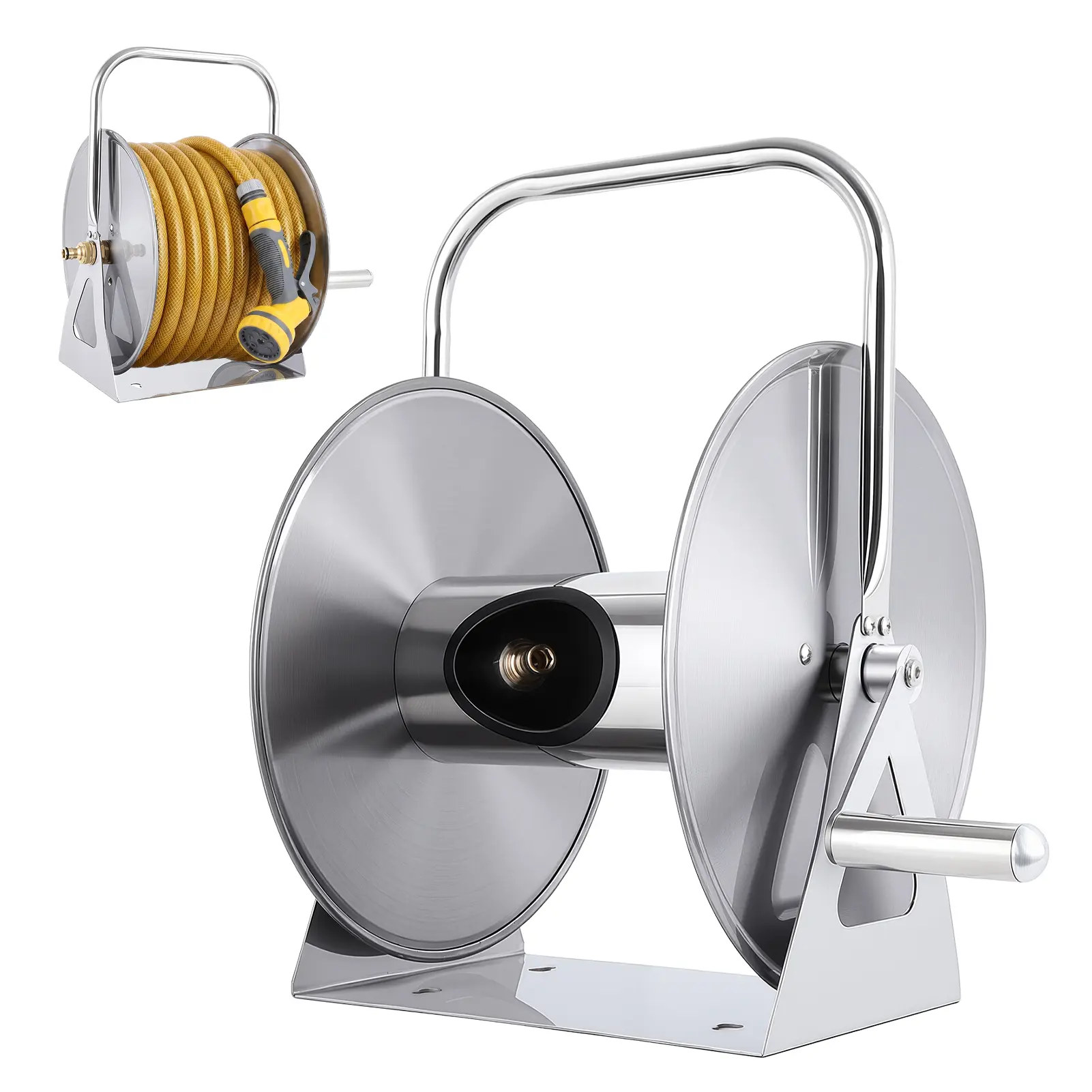 Stainless Steel Garden Hose Reel with 6.5ft Leader Water Pipe, Wall/Floor Mounted Metal Water Hose Reel with Crank Handle, Holds 5/8" x 75ft or 1/2" x 130ft Hose for Outside, Yard, Patio