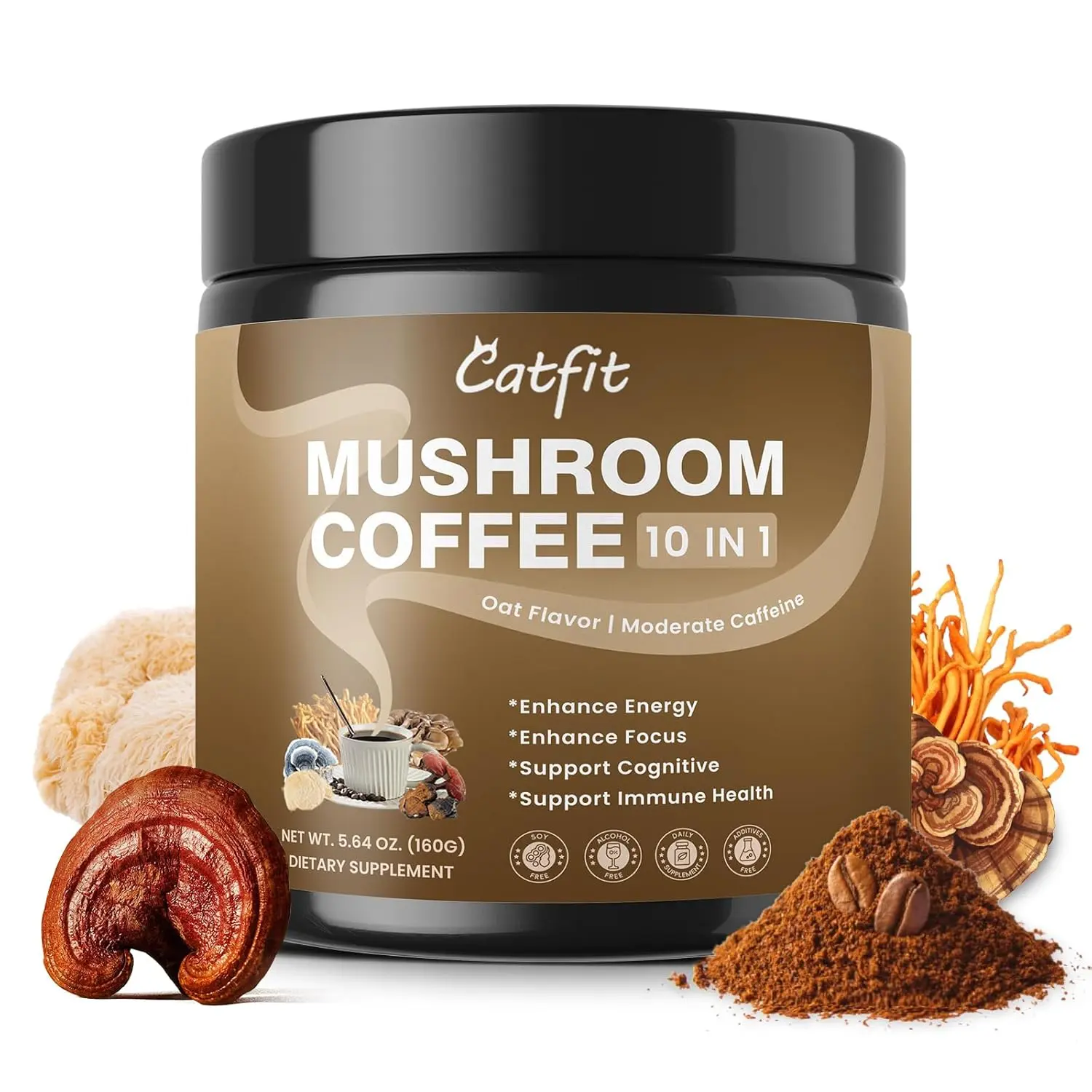 Mushroom Coffee&Oatmeal Powder,10 Adaptogenic Mushrooms And MCT Oil, Hydrolyzed Collagen, Instant Coffee with Lion's Mane, Chaga, Cordyceps, L-Theanine for Energy, Focus, Digestion and Immunity, 160G