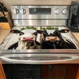 1 2D flat cow with leaf crown rubber stove cover protector, quirky dairy themed design for farm kitchens, cafes, and homes, pastoral style, stove protector | humorous kitchen decoration | durable rubber cover, oven mat