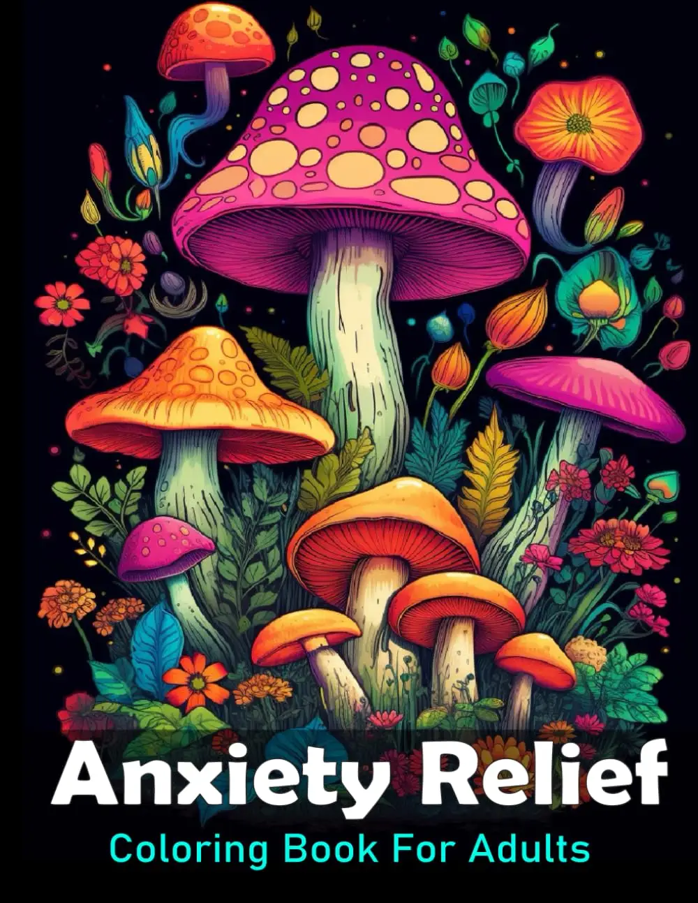 Anxiety Relief Coloring Book For Adults: Large print adult colouring book with flowers mushrooms, landscapes and more / 50 Stress relieving