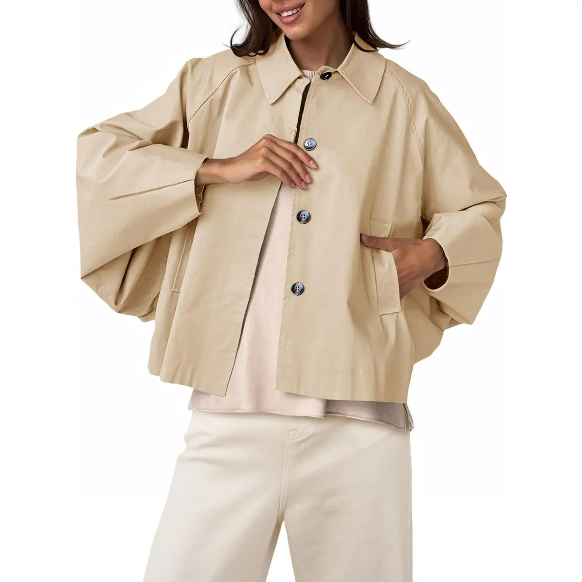 Lannew Womens Oversized Cropped Trench Coats Batwing Sleeve Trendy Casual Jackets Button Up Outerwear LAICIGO