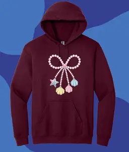 Coquette Pearl Bow Hoodie, Summer Vibes Pink Hoodie, Summer Beach Hoodie, Pink Clam Hoodie, Retro Summer Hoodie, Summer Pink Bow Hoodie