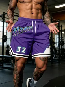 Men's Utah 32 Vintage Jazz Athletic Basketball Shorts, Loose-Fitting Geometric Pattern, Casual Street Style, All-Season Sports Wear