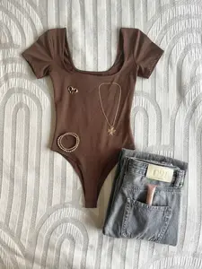 Women's New Fashionable Slim Fit Square Neck Short Sleeve Fitted Jumpsuit, Elegant for Summer & Spring, Flattering Style for Everyday Wear