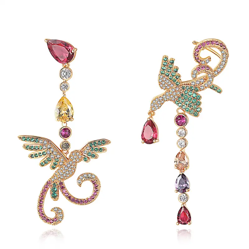 Women's Elegant Luxurious Sterling Silver Personalized Asymmetrical Phoenix Dangle Drop Earrings - 5A Multi-Color Zirconia Studs, Animal Bird Theme Jewelry for Wedding, Banquets