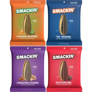 SMACKIN’ Sunflower Seeds 4-Flavor Variety Pack – 4oz Bags Cheddar Jalapeño, OG Original, Backyard BBQ & Cinnamon Churro Snack