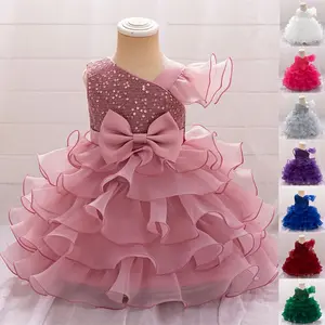 1-3Y Anniversary 2219 White Kids Clothes Sequins Flower Girls Frock Bow Ball Gown Pageant Children Elegant Princess Prom Host Formal Evening Party Banquet Cocktail Dress