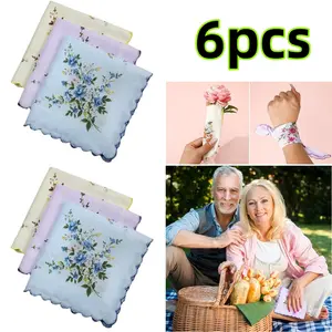 6 piece Soft Floral Handkerchief Cotton Vintage Floral Handkerchiefs Wavy Edge and Print Floral Handkerchiefs Beauty & Personal Care