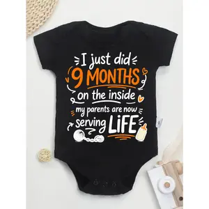 Baby Bodysuit With I Just Did 9 Months On The Inside My Parents Are Now Serving Life Print Soft Versatile Round Neck Button Detail Regular Fit All Seasons Knitted Fabric Onesie For 0-12 Months