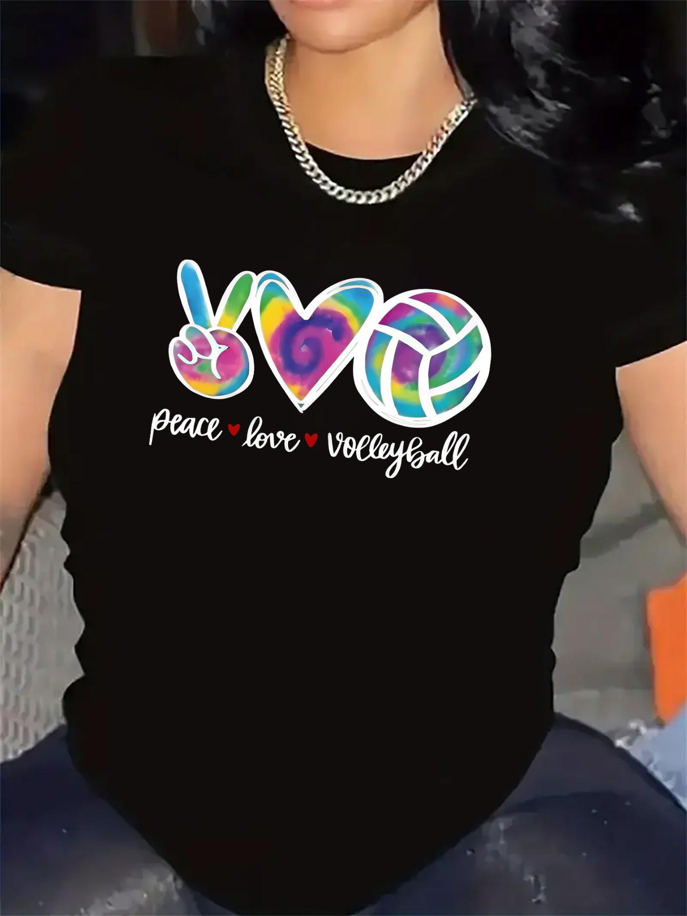 Polyester T-Shirt with Peace Love Volleyball Design for Sports Enthusiasts, Lightweight Durable Fabric Ideal for Gym Wear, Casual Outdoor Activities, Comfortable Fit for Everyday Use, Stylish Graphic Tee for Women