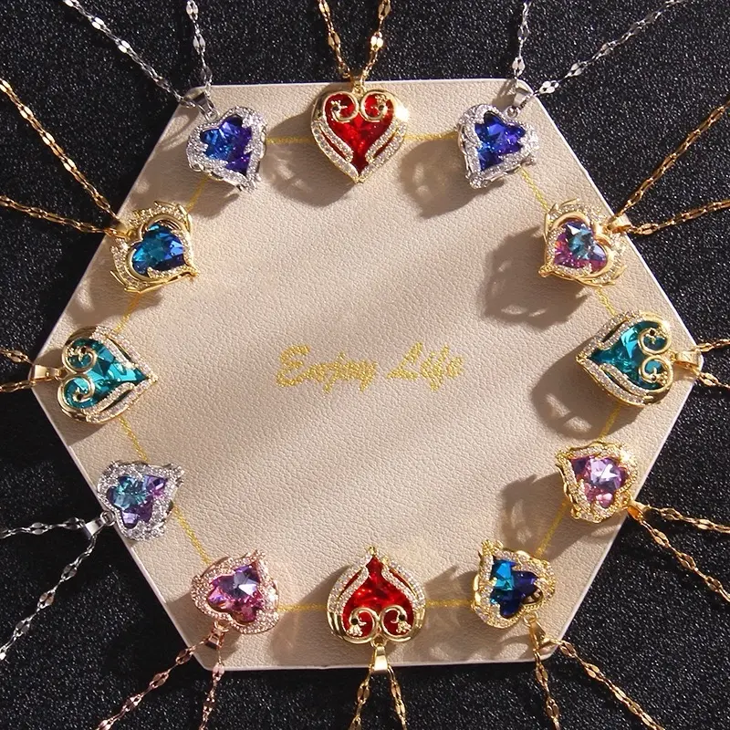 Heart Necklace for Women - Unique Design with Colorful Crystal Pendant, Titanium Steel, Elegant Accessory for Adults