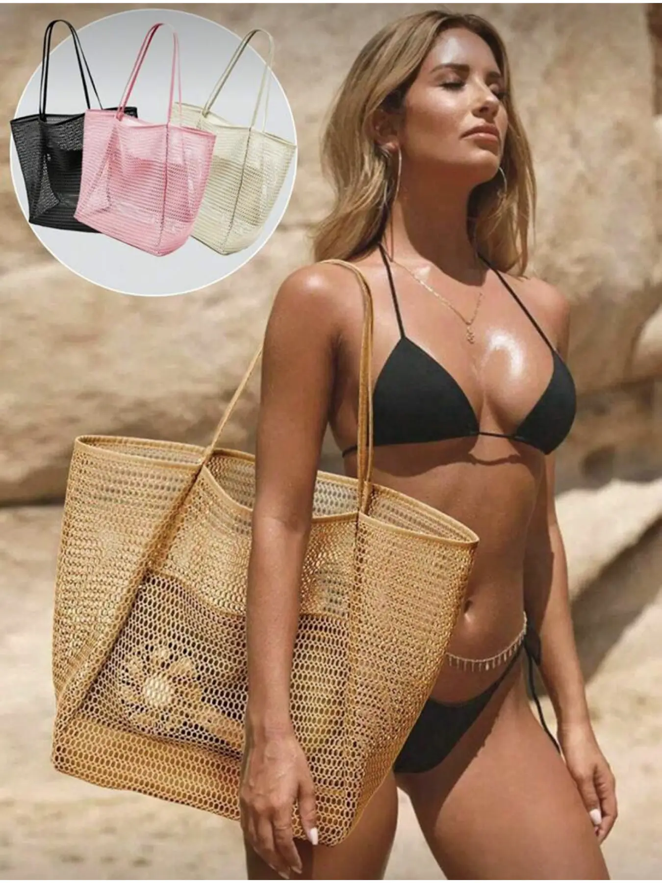 Mesh Handbag, Stylish Tote Bag, Foldable Women'S Picnic Shoulder Bag, Waterproof, Lightweight And Large Capacity, Portable Mesh Beach Bag, Suitable For Family Travel, Vacation, Beach, Camping And Hiking
