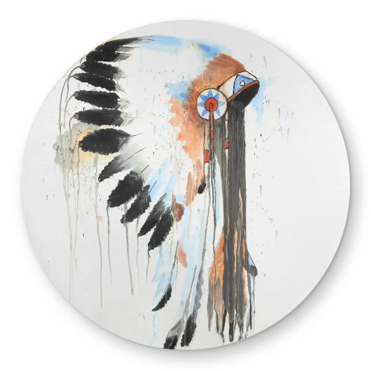 360 stand Round Shape Indoor/Outdoor Rug, 5x5 ft Indian War Bonnet Feather Print, Easy Cleaning, Patio Soft Furnishing Carpet, Native Theme, Patio/Entryway, 5' X 5', Durable, Vibrant Feather Patterns