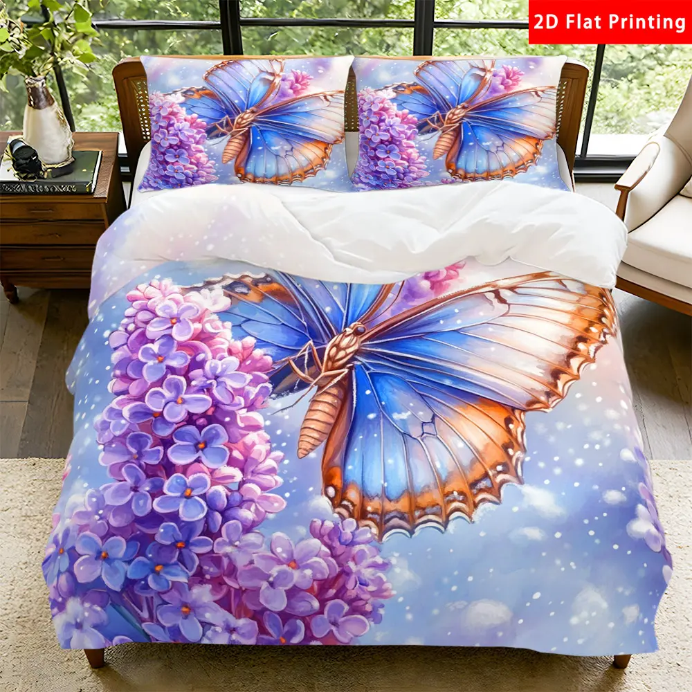 2/3 Pcs 2D Flat Floral Butterfly Duvet Cover Set Butterfly and Lilac Bedding Set Quilt Cover 1 Duvet Cover + 1/2 Pillowcases Floral and Butterfly Top Sheet Decorative Bedding Bedroom Decor