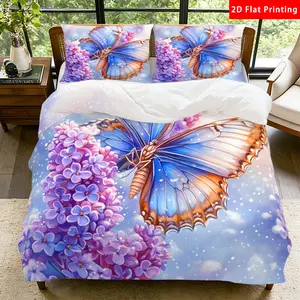 2/3 Pcs 2D Flat Floral Butterfly Duvet Cover Set Butterfly and Lilac Bedding Set Quilt Cover 1 Duvet Cover + 1/2 Pillowcases Floral and Butterfly Top Sheet Decorative Bedding Bedroom Decor